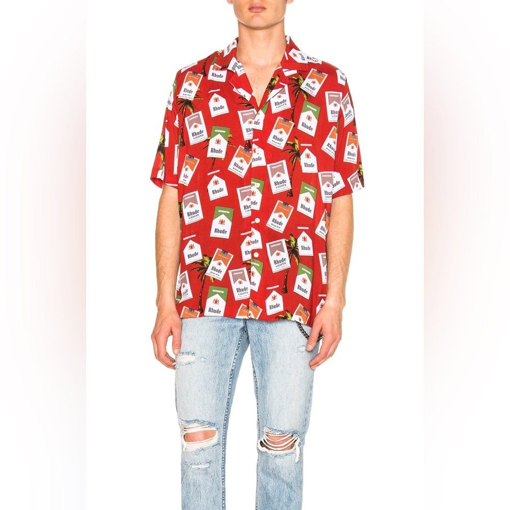 RHUDE Hawaiian Cigarette Botton Up Shirt in Red